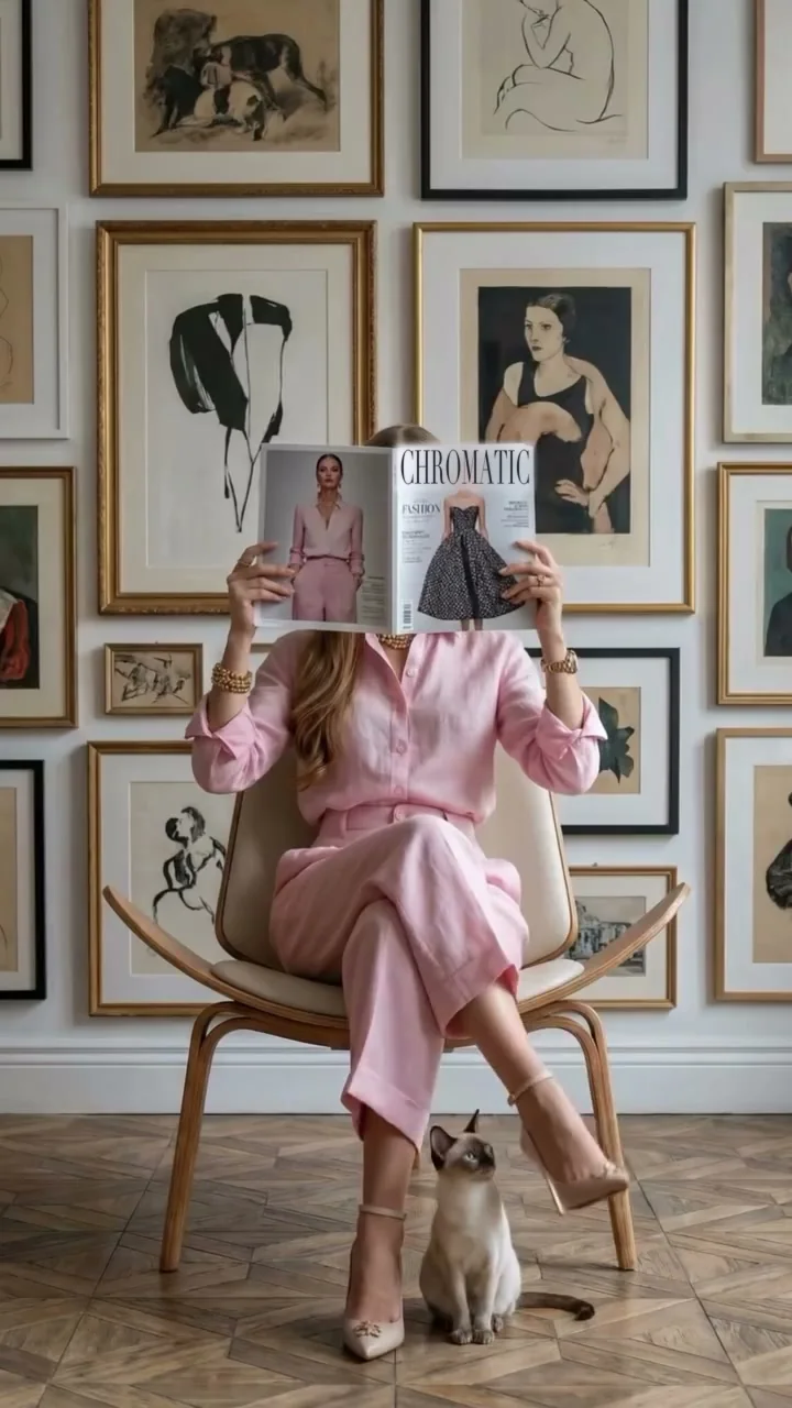 A woman in a powder-pink linen suit sits in a shell chair before a salon wall of ink drawings, a CHROMATIC magazine held over her face; a Siamese cat sits at her feet.