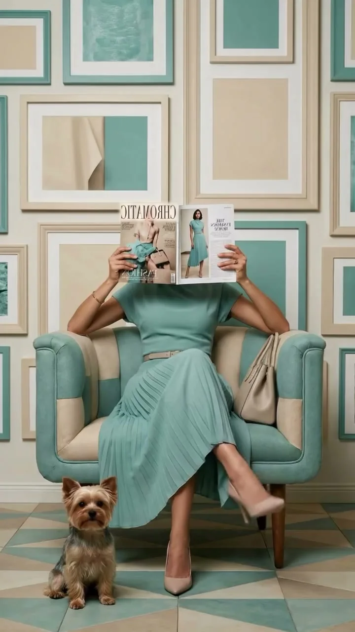 A woman in a pleated celadon dress sits in a two-tone mint and cream armchair, magazine raised over her face; a Yorkshire terrier sits on the tiled floor.