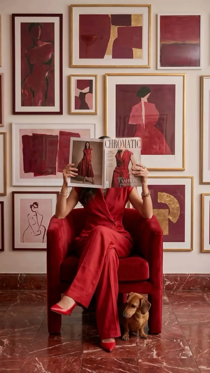 A woman in a red wrap jumpsuit and scarlet pumps sits in a red velvet tub chair on red marble before paintings of red figures; a dachshund shelters beneath the chair.