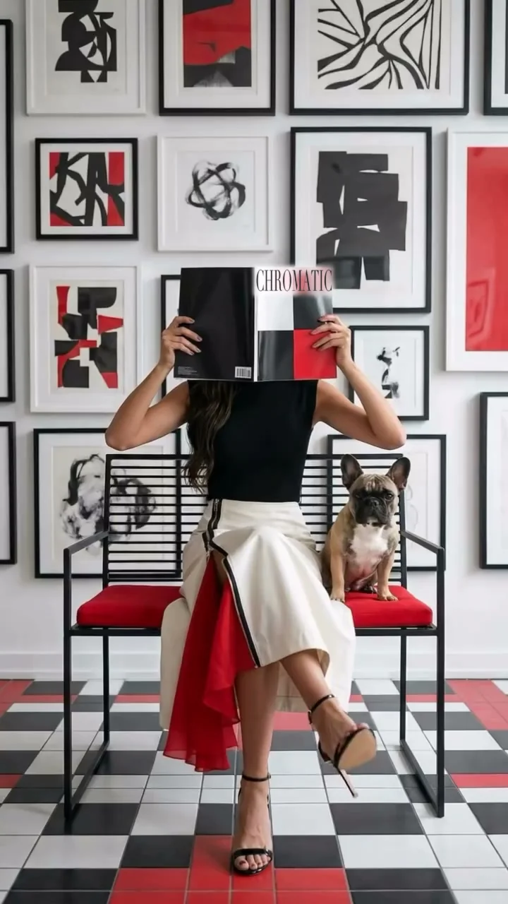 A woman in a black top and an ivory skirt slashed with red pleats sits on a black steel bench with a red seat on a black, white and red chequerboard floor; a French bulldog sits beside her, the black back cover of the magazine raised to her face.